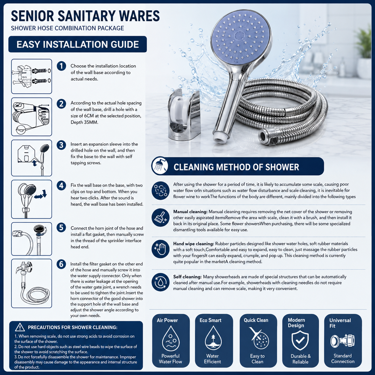 Bathroom Shower Head Kit with Hose Bracket Chrome Finish