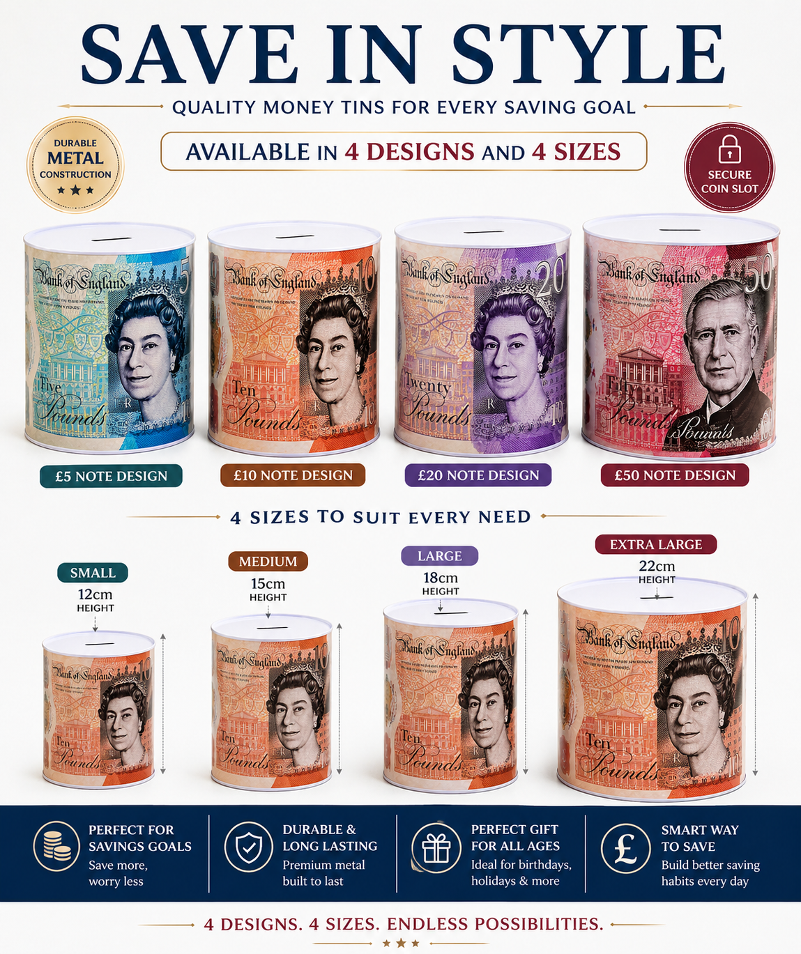 Money Tin Savings Bank – Metal Coin Box with Printed Banknote Designs, Available in 4 Sizes (Small, Medium, Large, Extra Large)
