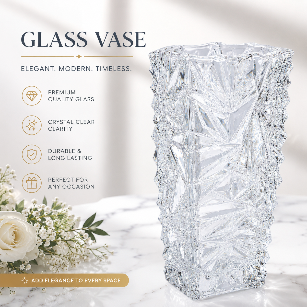 Premium Crystal Glass Vase 20-25cm approx. Decorative Flower Vase Clear