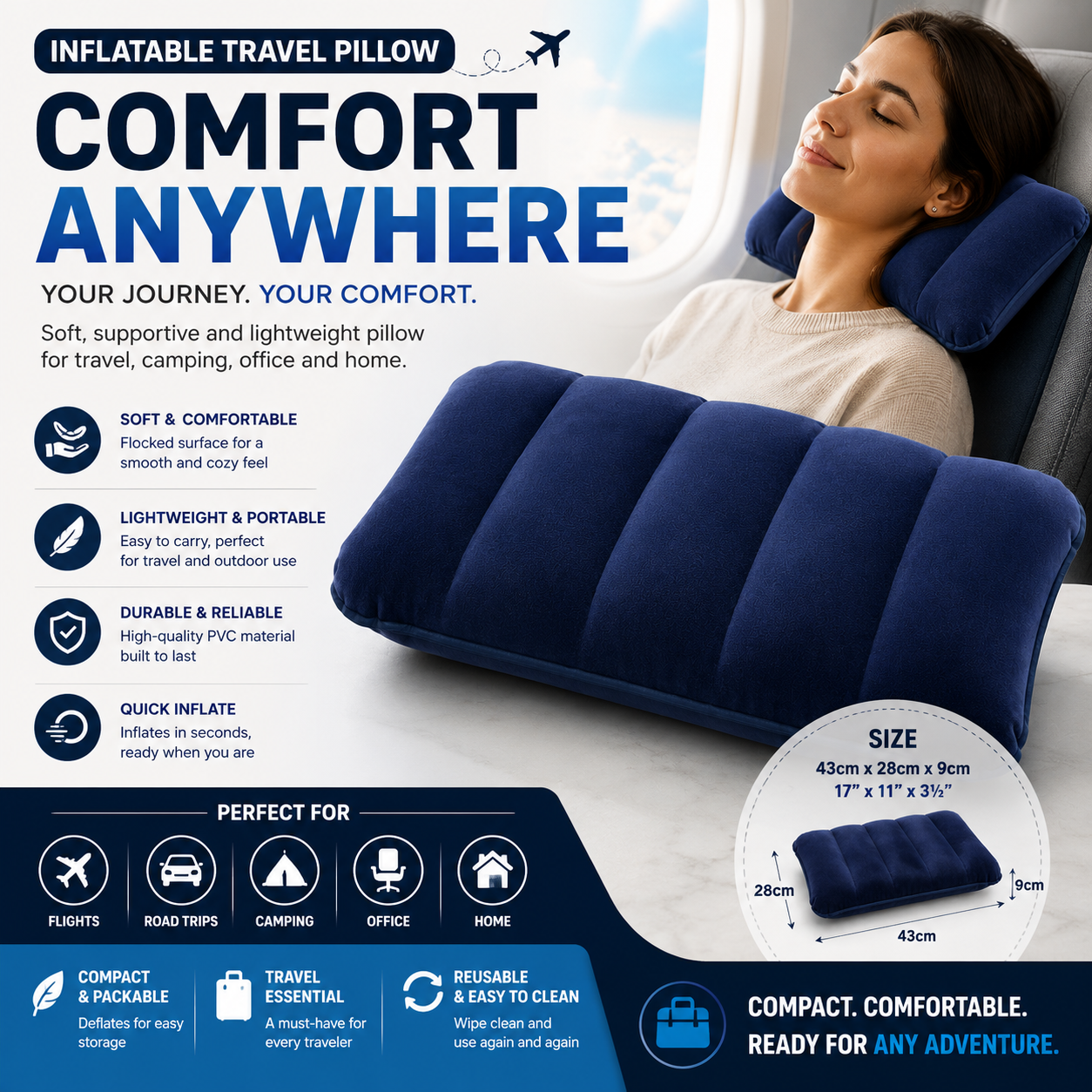 Inflatable Travel Pillow-Compact Portable Neck & Head Support Pillow 43 x 28 x 9cm