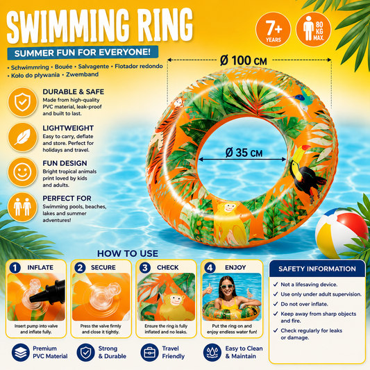 Tropical Inflatable Swimming Ring – 100cm Pool Float