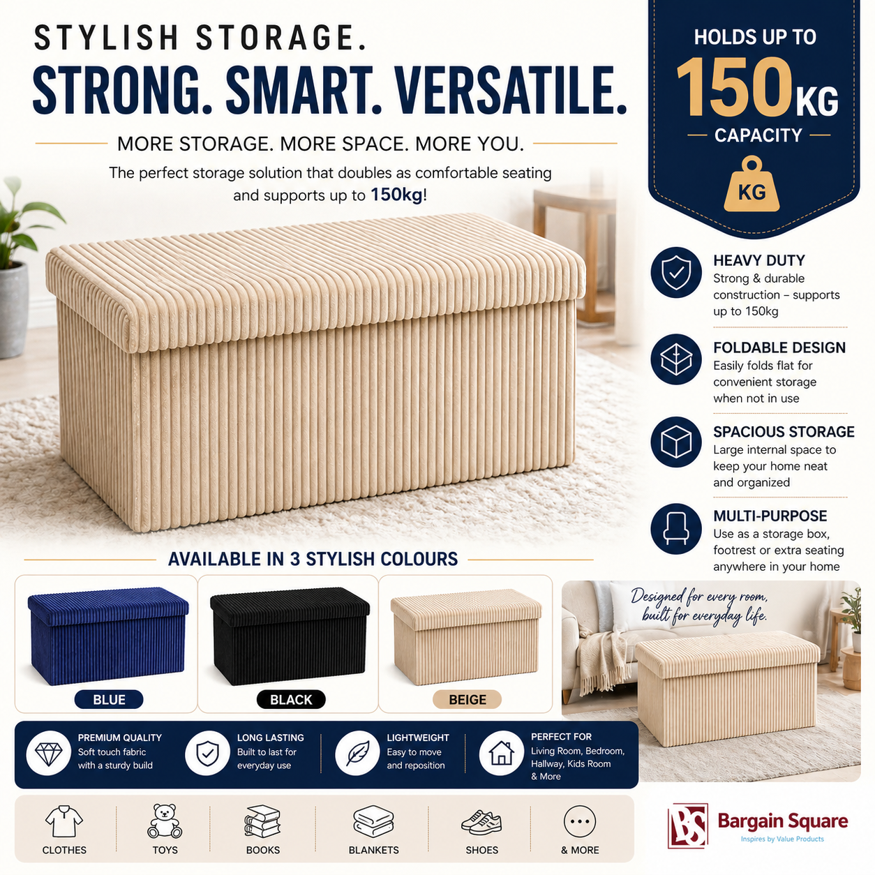 Foldable Storage Ottoman Box – 150kg Heavy Duty Capacity
