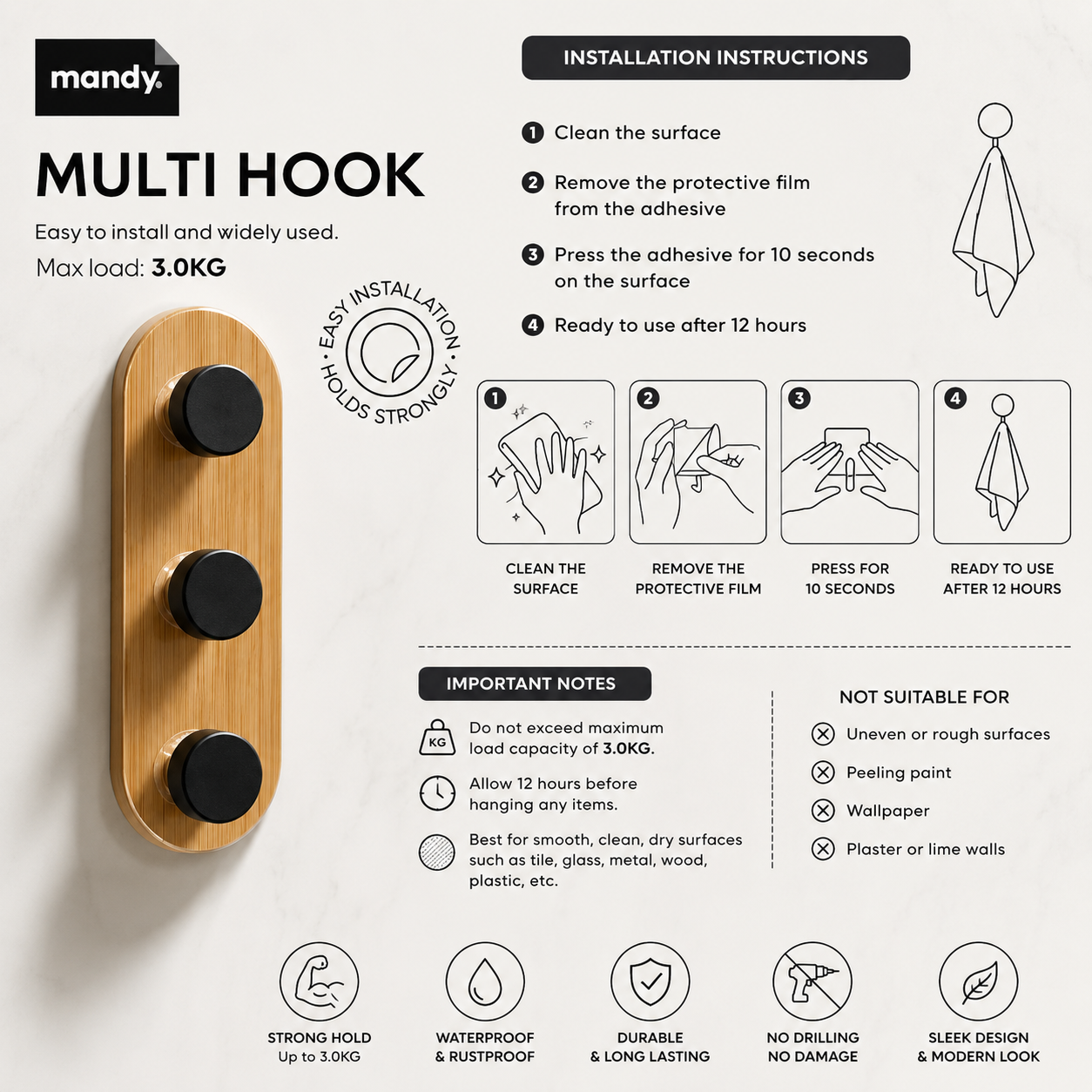 Self Adhesive- 3 Wall Hook Rack