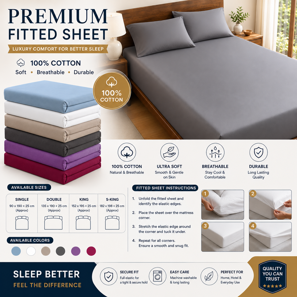 Luxury 100% Cotton Fitted Bed Sheet