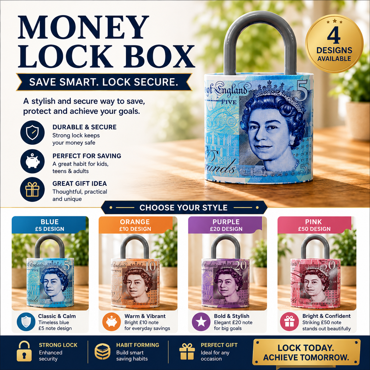 Currency Lock Money Box Tin -4 Pound Note Designs