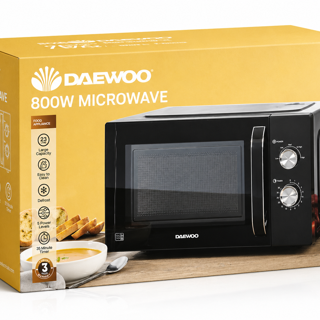 Daewoo 23L 800W Manual Microwave – Black | Extra-Large Capacity