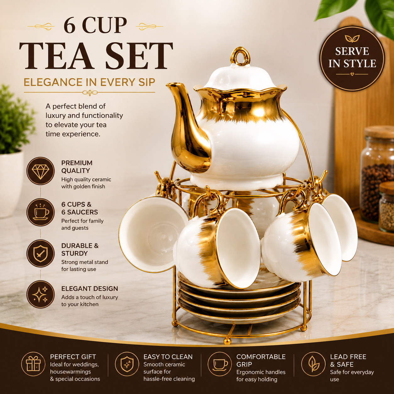 Luxury 6 Cup Ceramic Tea Set with Gold Finish & Metal Stand