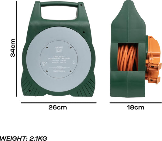 15M Outdoor Heavy Duty Daewoo Extension Cable Reel 2 Way IP54 Weatherproof