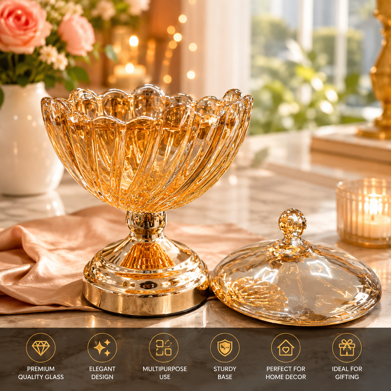 Luxury Amber Crystal Candy Jar with Lid & Gold Pedestal Base