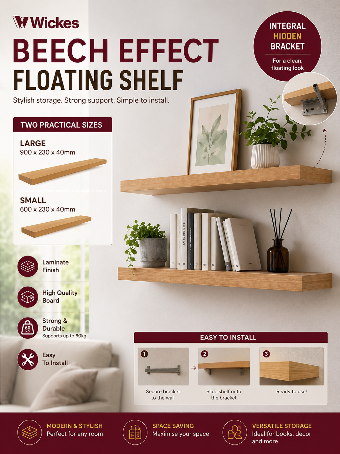 Floating Wall Shelf – Available in 600mm & 900mm Sizes