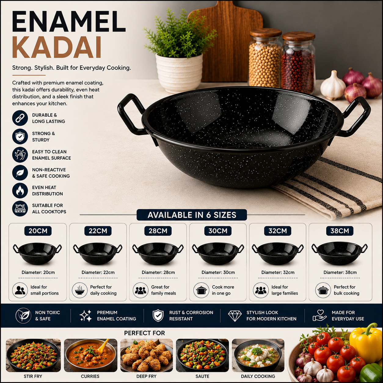 Premium Enamel Kadai – Heavy Duty Non-Stick Cooking Wok