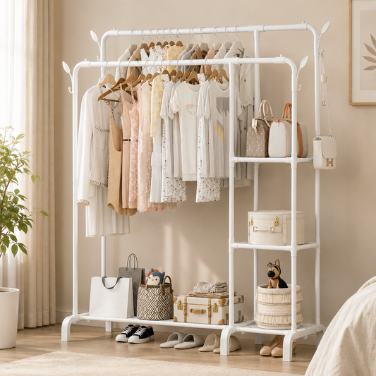 Heavy Duty Double Rail Clothes Rack with Shelves – 60KG Freestanding