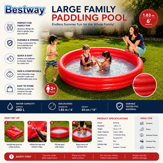 Inflatable Family Paddling Pool 183cm 6ft for kids