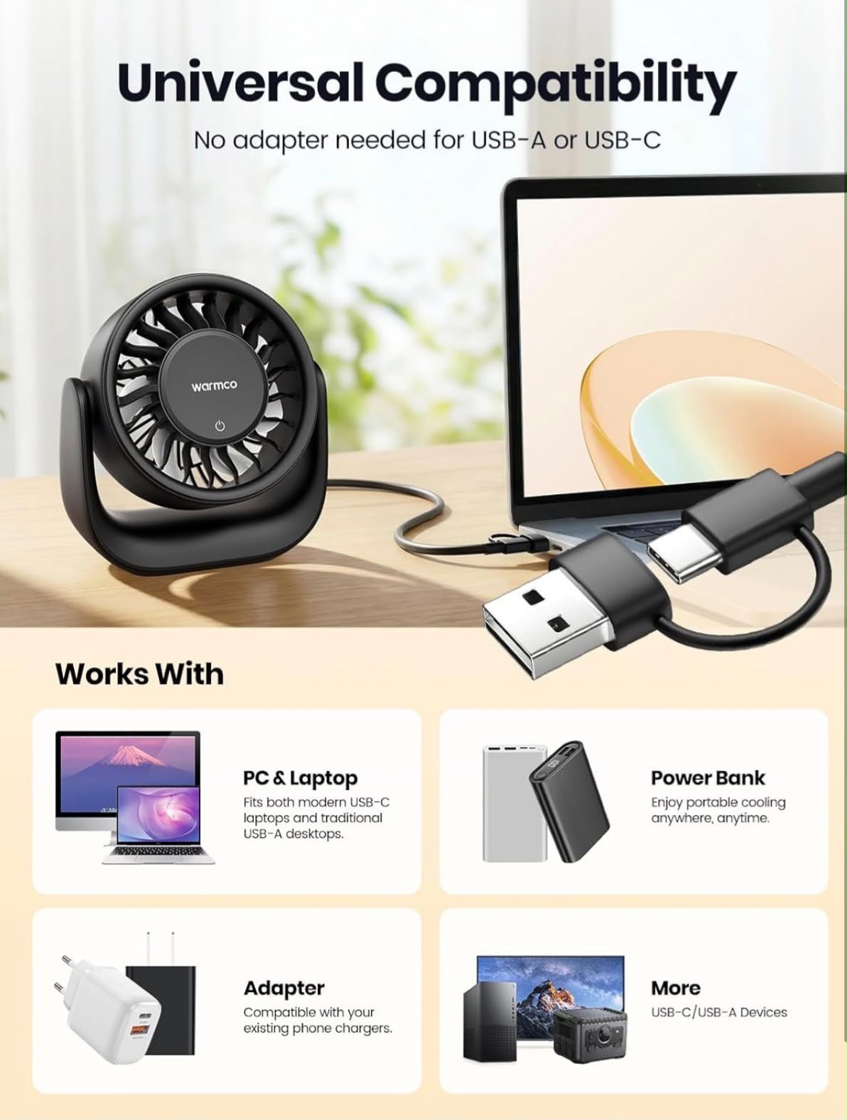 Warmco DS1 USB Desk Fan 6.4in 3 Speed Touch Control