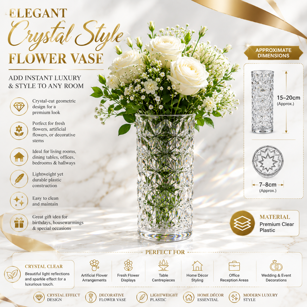 Luxury Crystal Style Flower Vase Clear Plastic