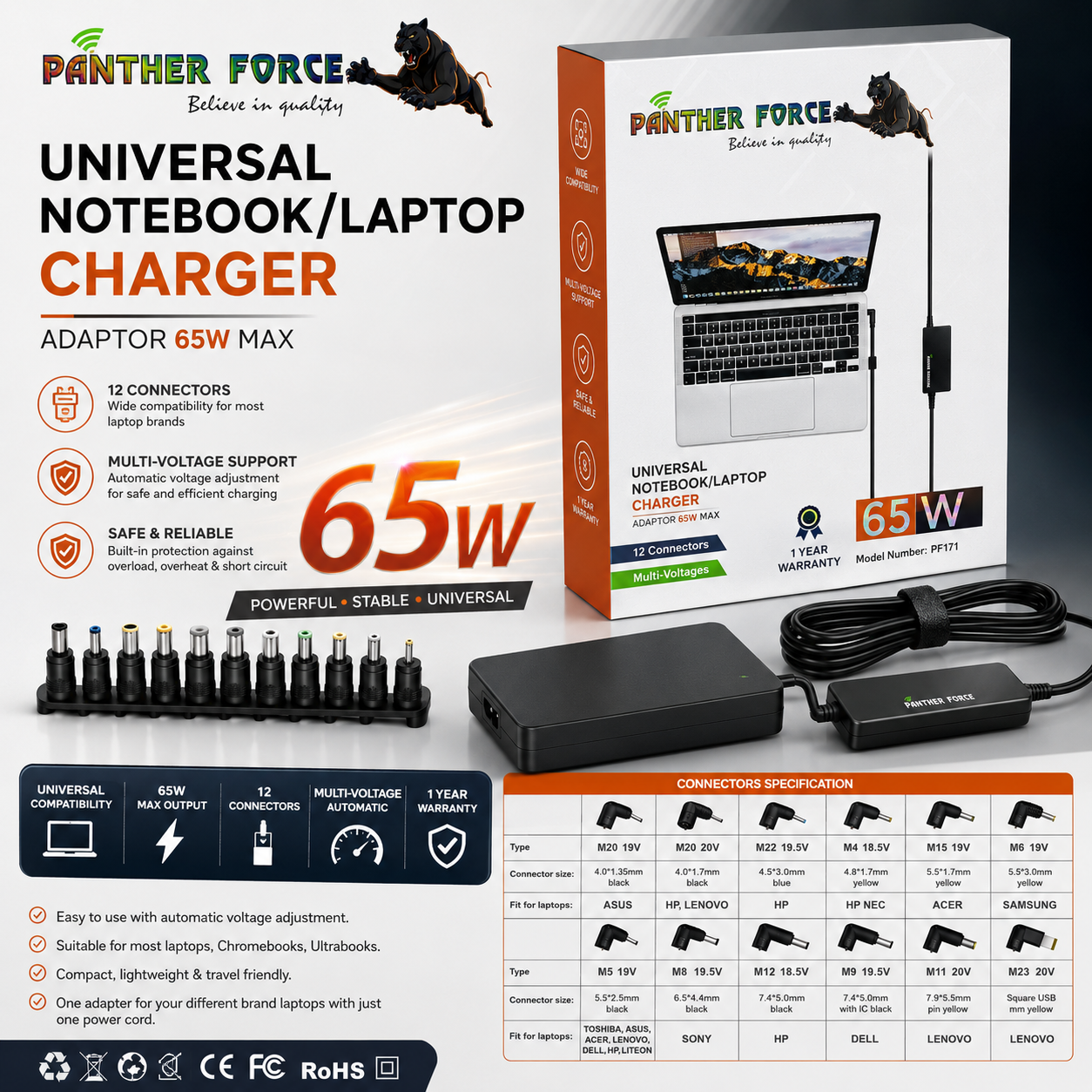 Panther Force 65W Universal Notebook Laptop Charger 12 Connectors