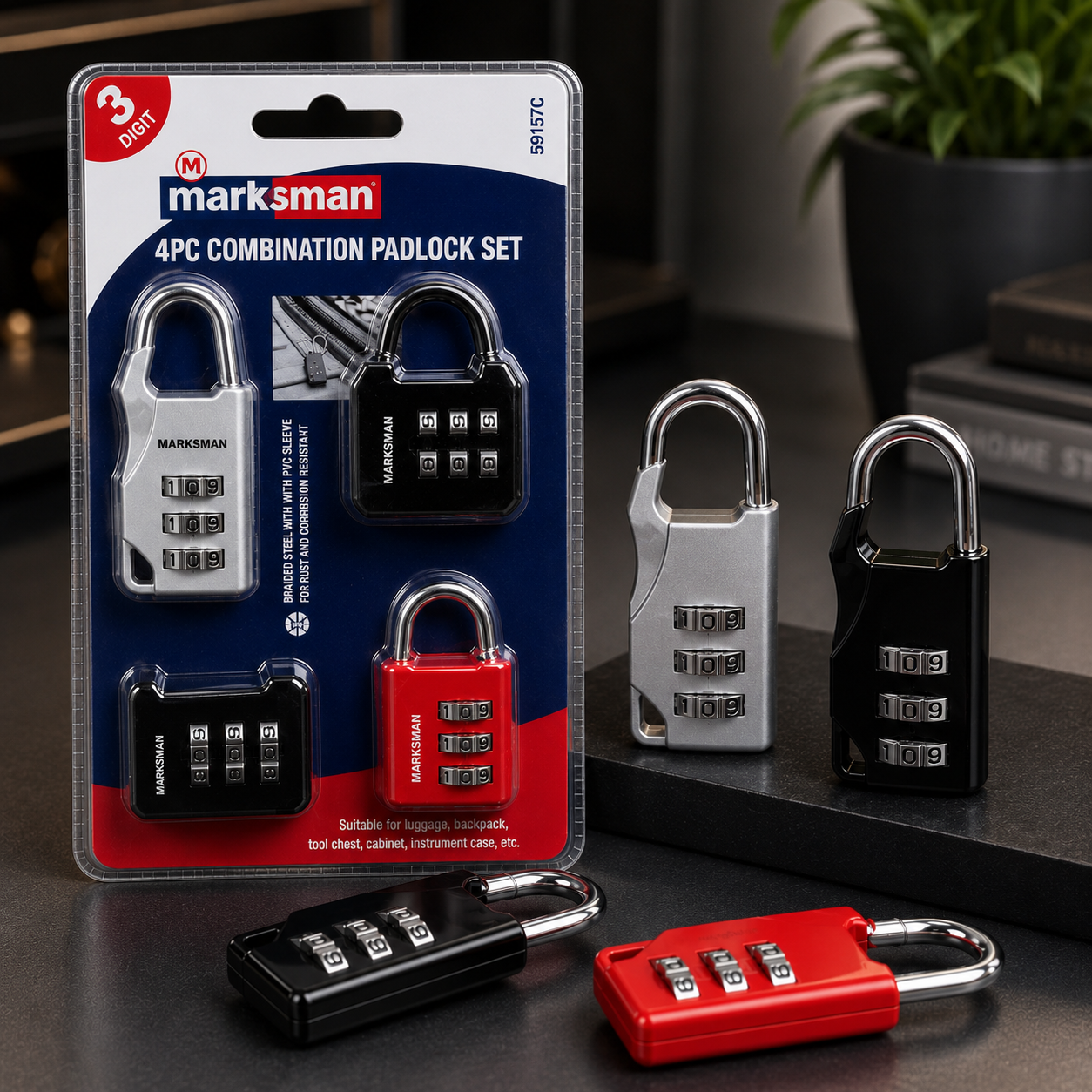 Marksman 4 Piece 3 Digit Combination Padlock Set Suitcase Lock