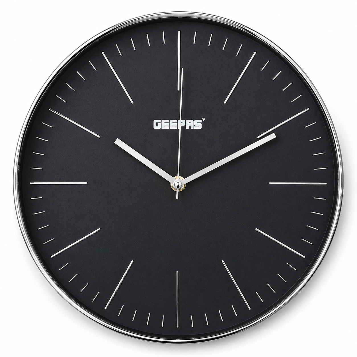 Geepas Modern Wall Clock 30cm – Minimalist Black Dial with Silver Markers