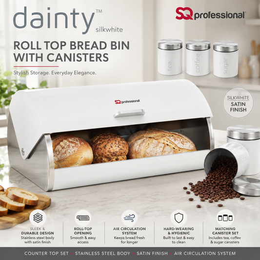 Premium Roll Top Bread Bin with Tea, Coffee & Sugar Canisters Set