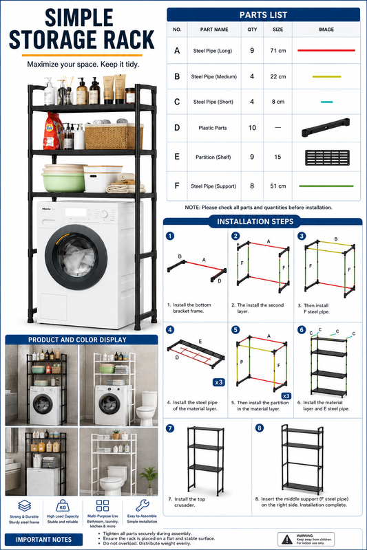 Over Washing Machine Storage Rack – 3 Tier Laundry Organizer Shelf