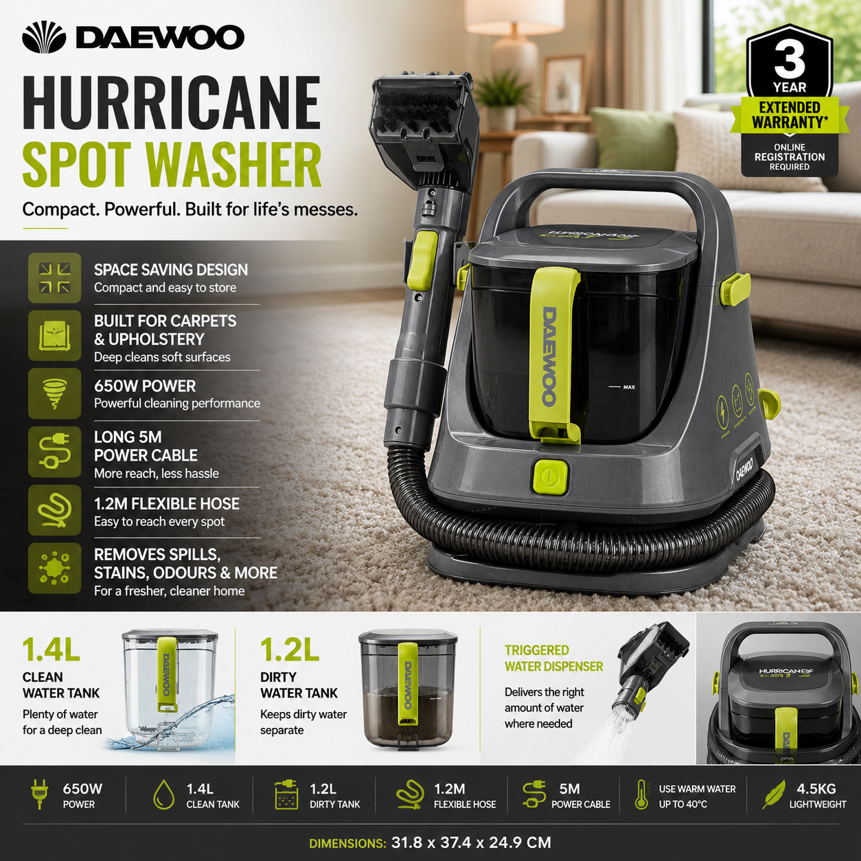 Daewoo Hurricane 650W 1.4L Carpet & Upholstery Spot Washer