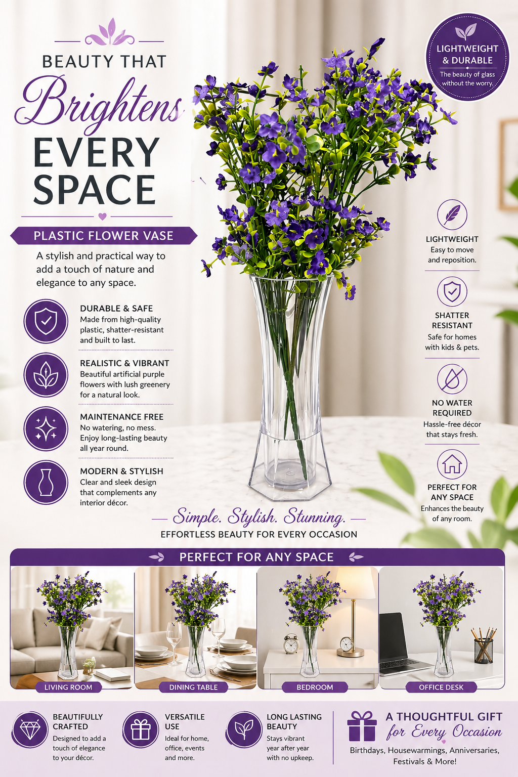 Clear Plastic Flower Vase– Lightweight Decorative Vase