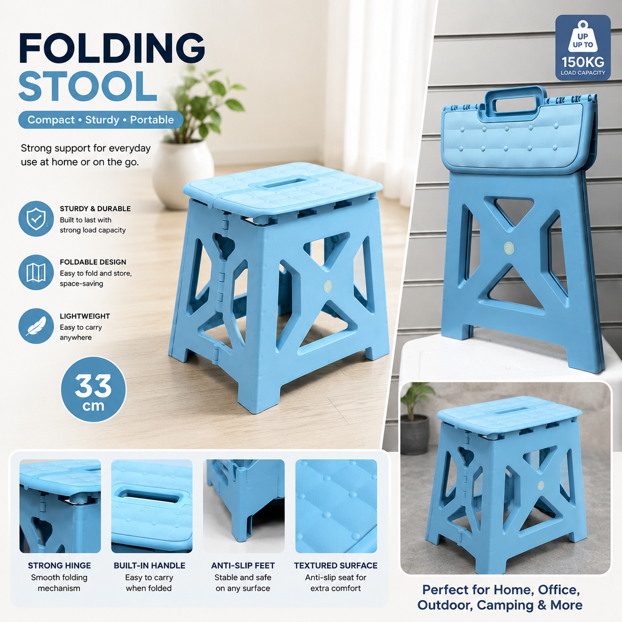 Foldable Plastic Stool 33cm- Heavy Duty Portable Stool