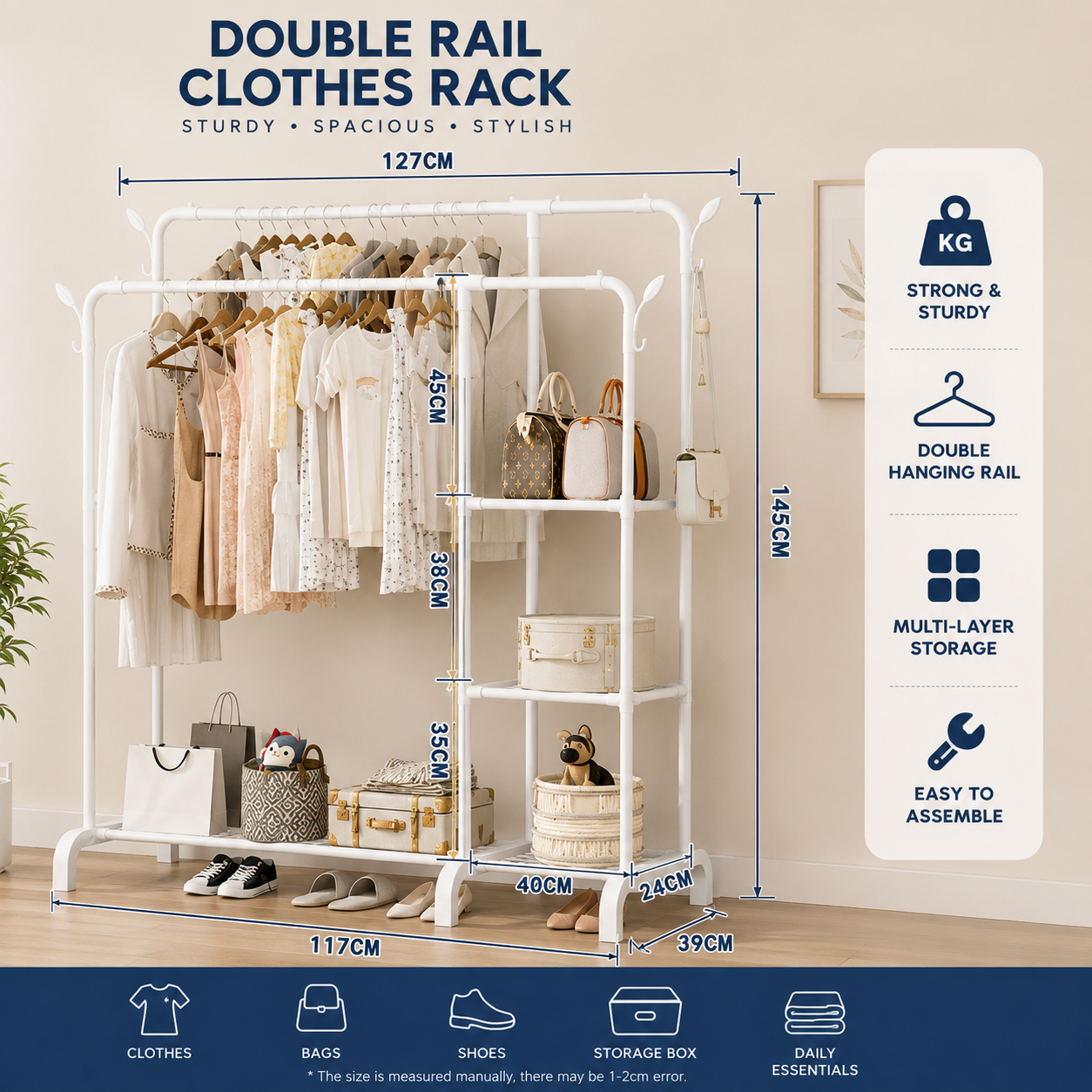 Heavy Duty Double Rail Clothes Rack with Shelves – 60KG Freestanding