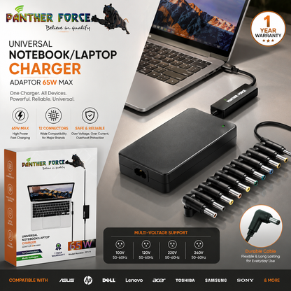 Panther Force 65W Universal Notebook Laptop Charger 12 Connectors