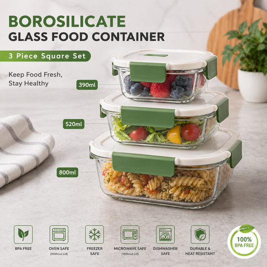 Borosilicate Square Glass Food Container 390ml, 520ml, 800ml