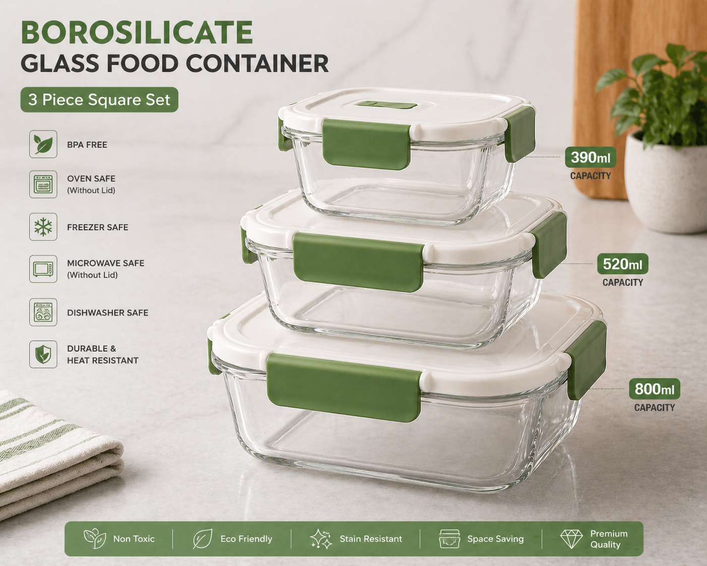 Borosilicate Square Glass Food Container 390ml, 520ml, 800ml