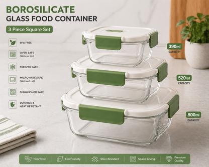 Borosilicate Square Glass Food Container 390ml, 520ml, 800ml