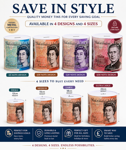 Money Tin Savings Bank – Metal Coin Box with Printed Banknote Designs, Available in 4 Sizes (Small, Medium, Large, Extra Large)