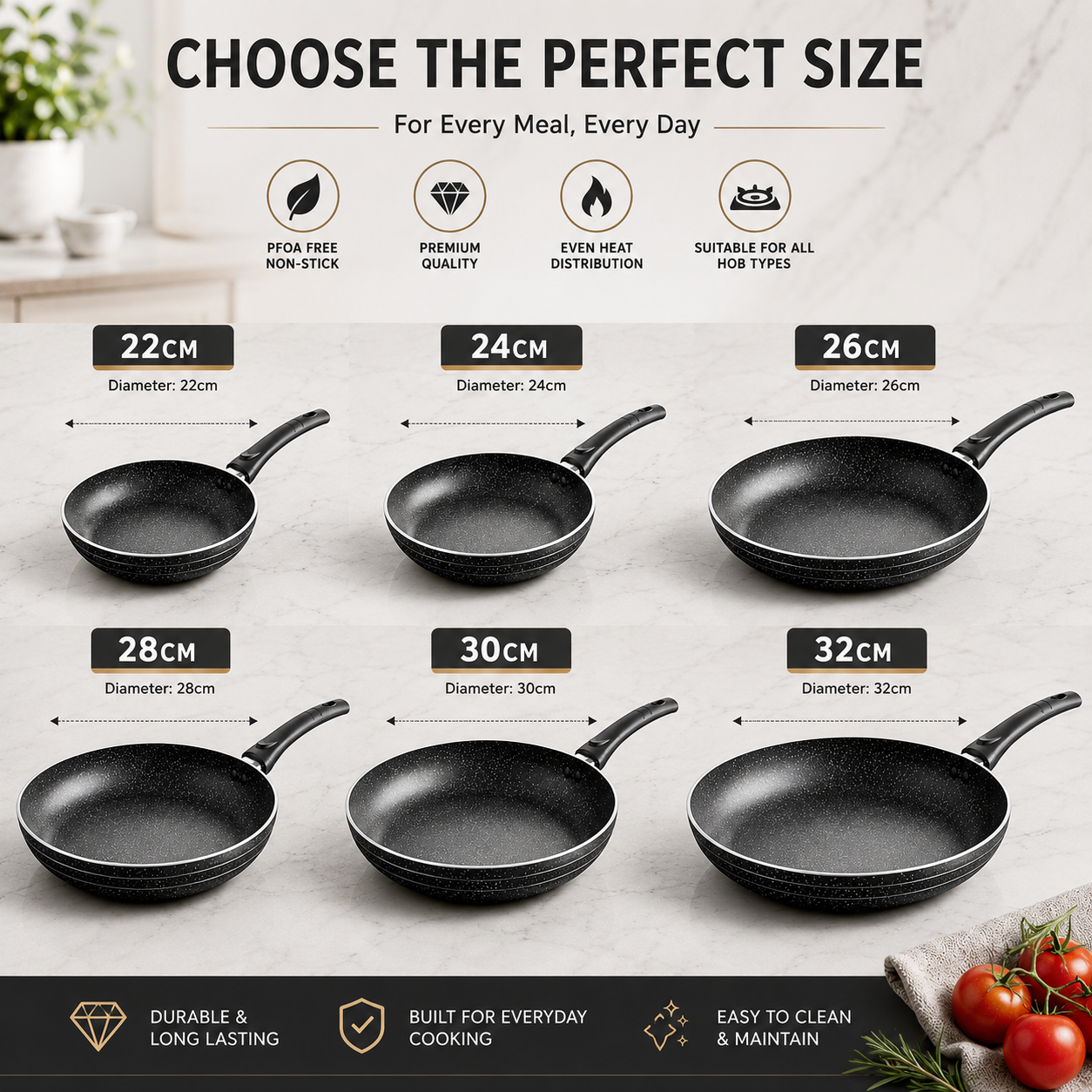 Non Stick Frying Pan with Marble Stone Coating 22cm-32cm