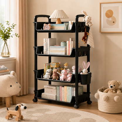Multi-Function Mobile Storage Rack with Side Basket & Hooks with Wheels