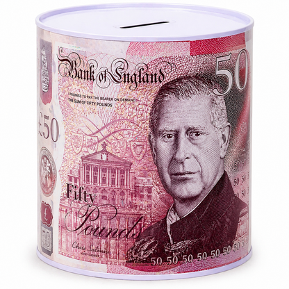 Money Tin Savings Bank – Metal Coin Box with Printed Banknote Designs, Available in 4 Sizes (Small, Medium, Large, Extra Large)