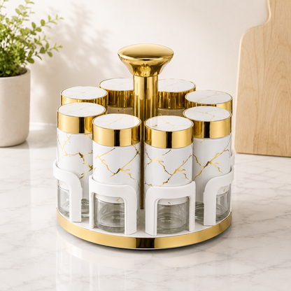 Rotating Spice Carousel Set 360° – 12 Jar Glass Spice Rack with Stand, Black & Gold Marble Design