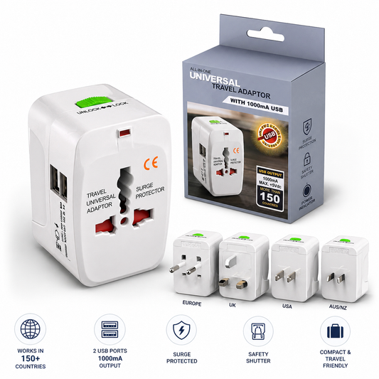 Universal Travel Adapter with USB – Worldwide Plug Adapter (150+ Countries)