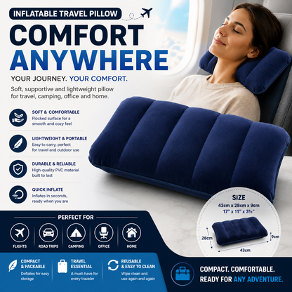 Inflatable Travel Pillow-Compact Portable Neck & Head Support Pillow 43 x 28 x 9cm