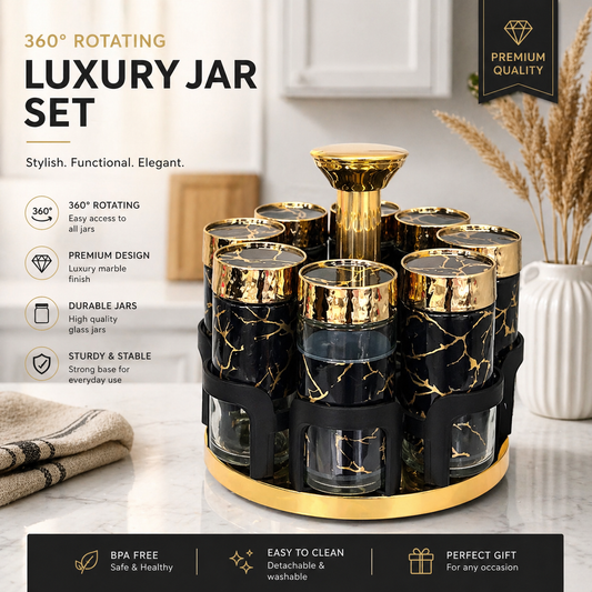 Rotating Spice Carousel Set 360° – 12 Jar Glass Spice Rack with Stand, Black & Gold Marble Design
