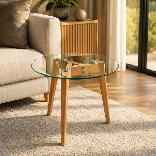 Modern Round Glass Side Table 40cm | 45cm Oak Effect