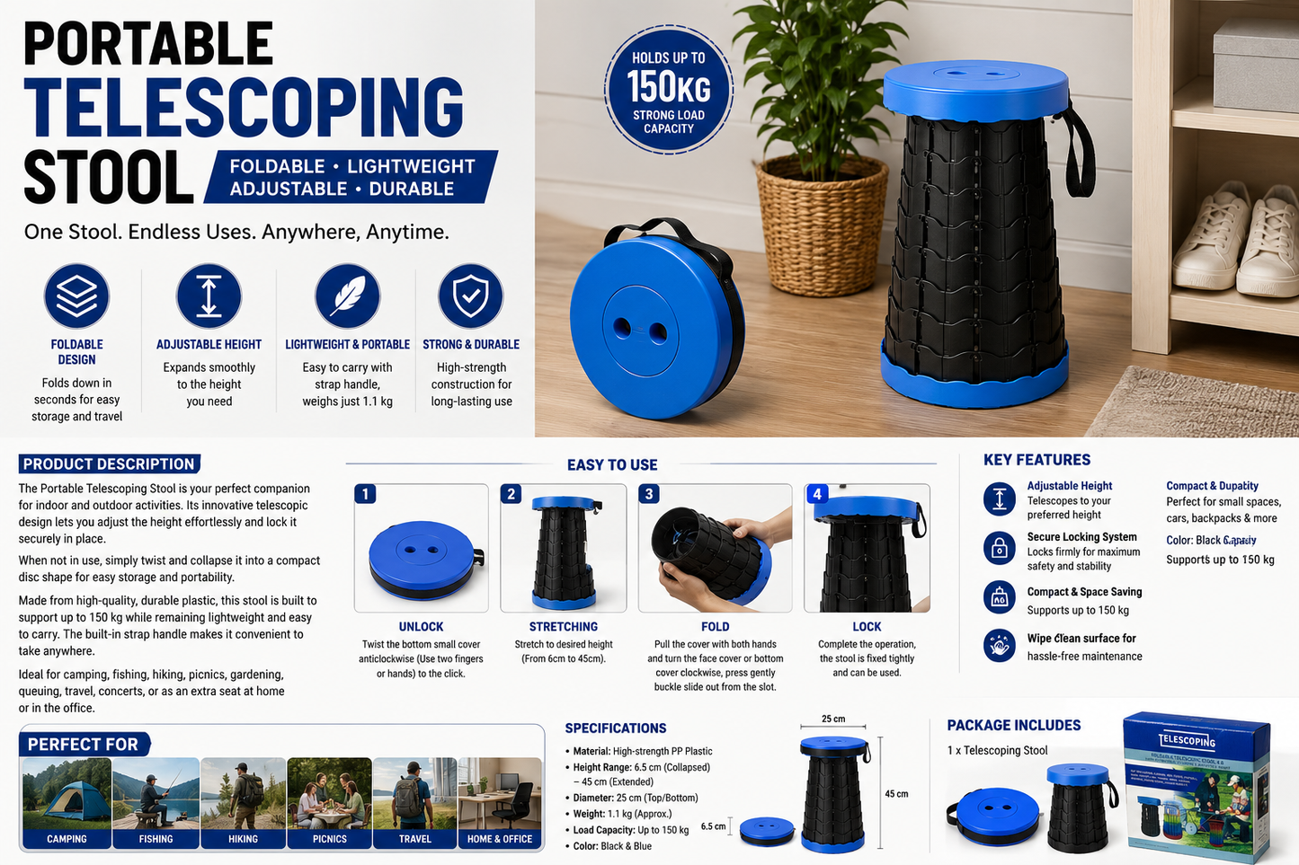 Portable Foldable Telescoping Stool with Adjustable Height and Carry Strap
