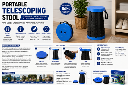 Portable Foldable Telescoping Stool with Adjustable Height and Carry Strap
