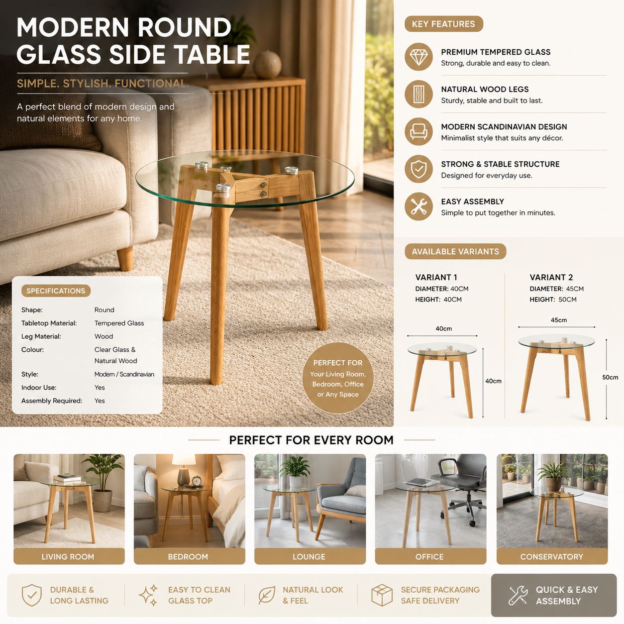 Modern Round Glass Side Table 40cm | 45cm Oak Effect