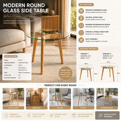 Modern Round Glass Side Table 40cm | 45cm Oak Effect