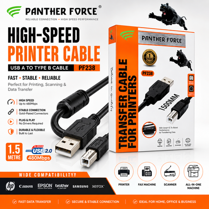 Panther Force USB 2.0 Printer Cable Type B High Speed 480Mbps
