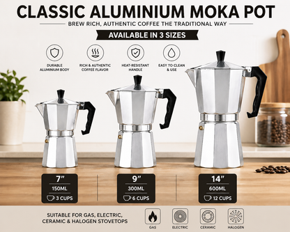 Aluminium Moka Pot Stovetop Coffee Maker – Classic Espresso Percolator, Available in 3 Sizes: 7”, 9” & 14”
