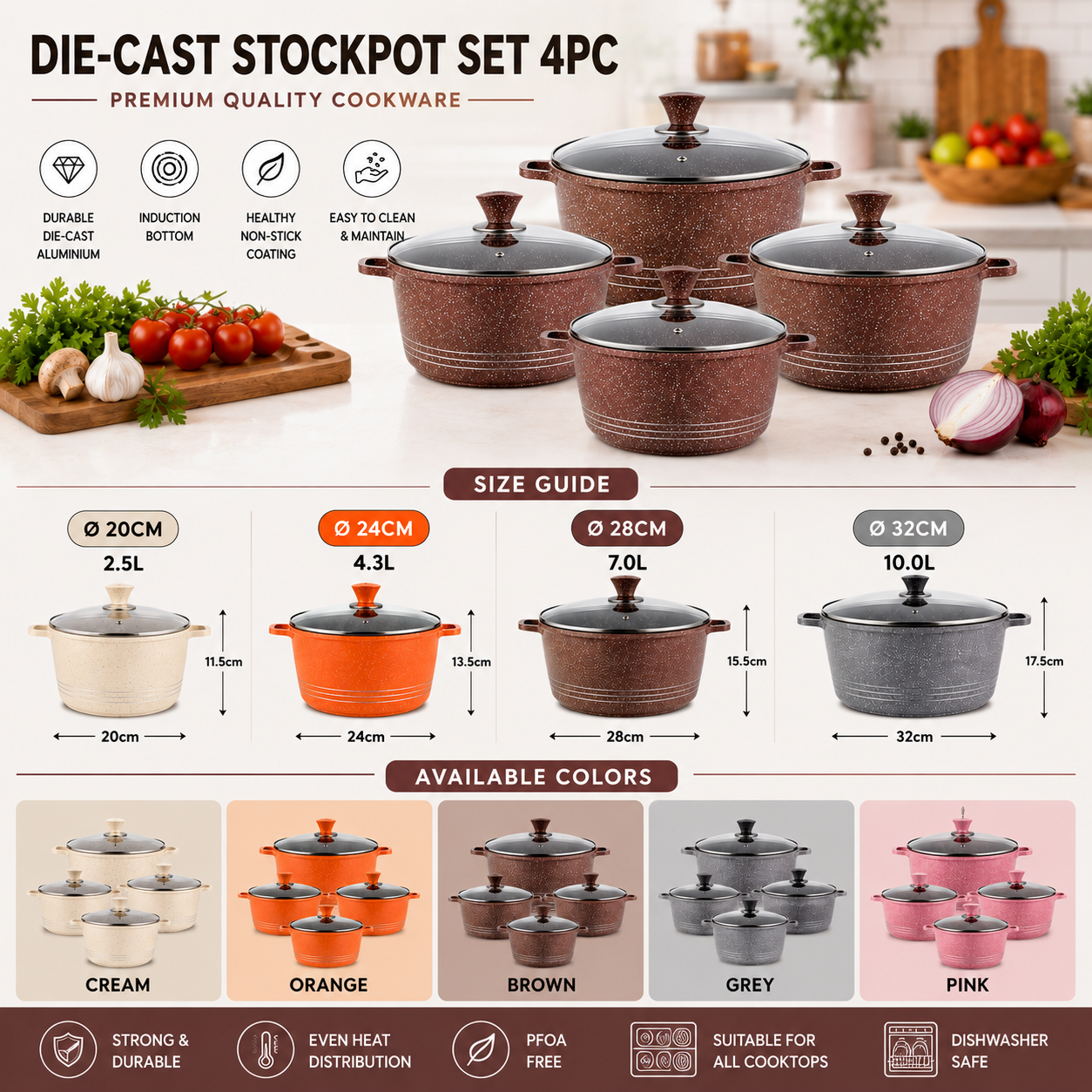 Non-Stick Die-Cast Stockpot Cookware 4Pc Set with Glass Lids