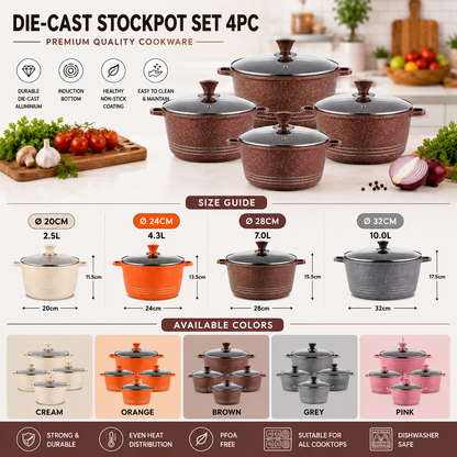 Non-Stick Die-Cast Stockpot Cookware 4Pc Set with Glass Lids