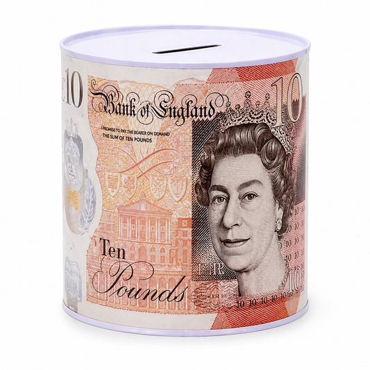 Money Tin Savings Bank – Metal Coin Box with Printed Banknote Designs, Available in 4 Sizes (Small, Medium, Large, Extra Large)
